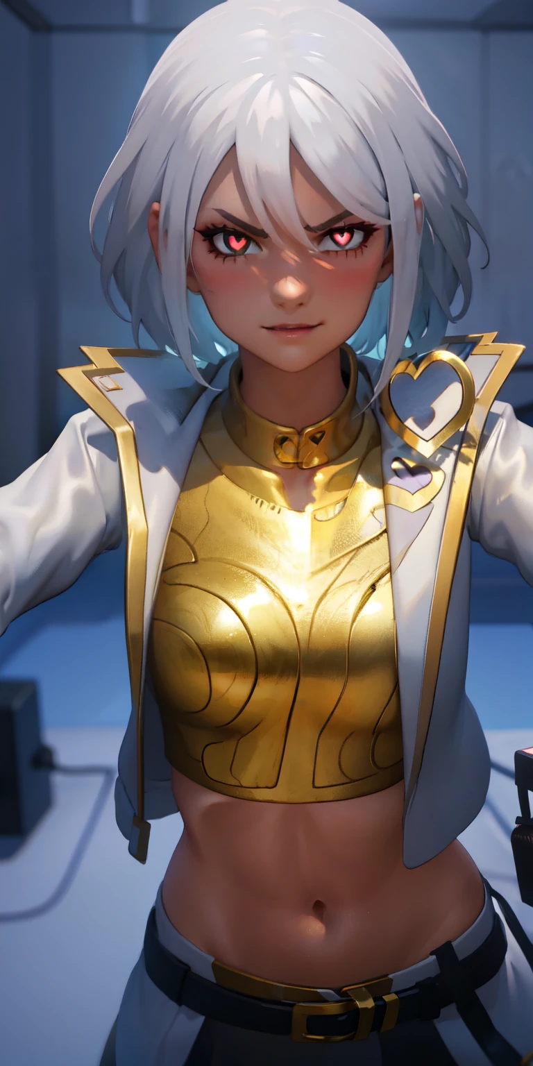 1girl, heart-shaped pupils, heart-shaped_pupils, white hair, short hair, brown eyes, eyeshadow, (blush:1.1),upper body,heart, (speed lines:1.1),medium breasts, love, heart, white jacket, jacket crop top, navel, gold crop top, ((heavy breathing)) smile, angry, 1girl, solo, kabedon pov, looking at viewer