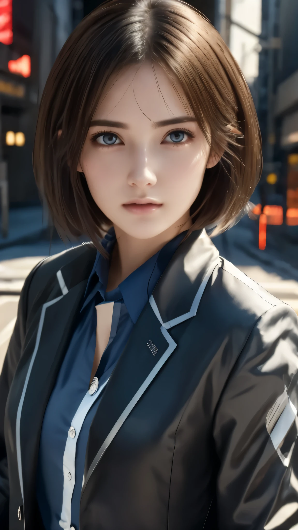 A woman in a black jacket and blue shirt standing on a street - SeaArt AI