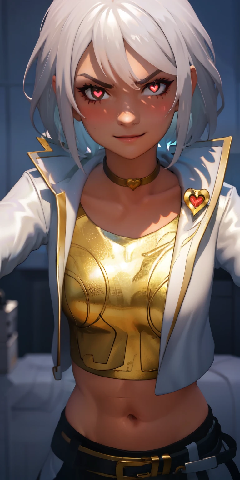 1girl, heart-shaped pupils, heart-shaped_pupils, white hair, short hair, brown eyes, eyeshadow, (blush:1.1),upper body,heart, (speed lines:1.1),medium breasts, love, heart, white jacket, jacket crop top, navel, gold crop top, ((heavy breathing)), smile, angry, 1girl, solo, kabedon pov, looking at viewer