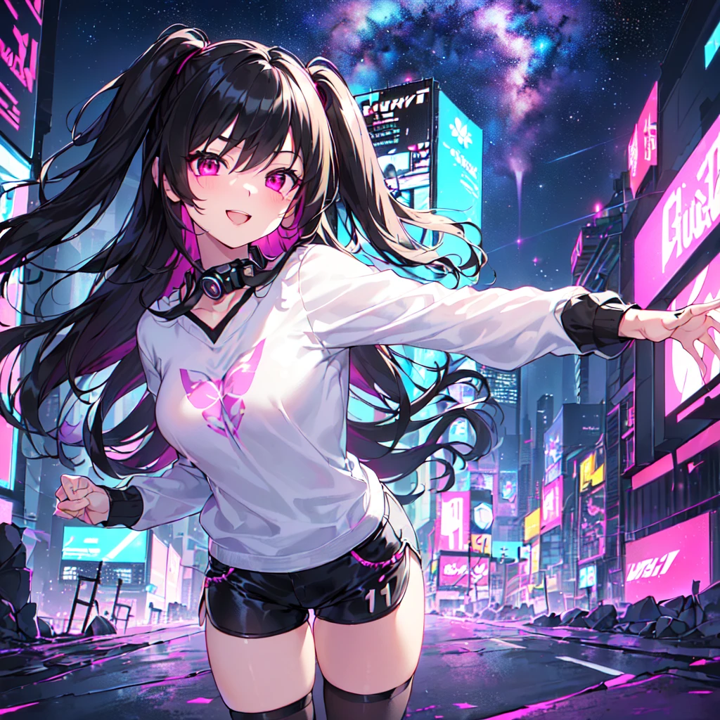 (8k),(masterpiece),(Japanese),(8-year-old girl),((innocent look)),((Childish)),From the front,smile,cute,Innocent,Kind eyes,Flat chest,Hairless vagina, Cameltoe, Hinata Hyuga,semi-long,Hair blowing in the wind,Dark Blue Hair,Strong wind,night,dark, Neon light cyberpunk Konoha Village