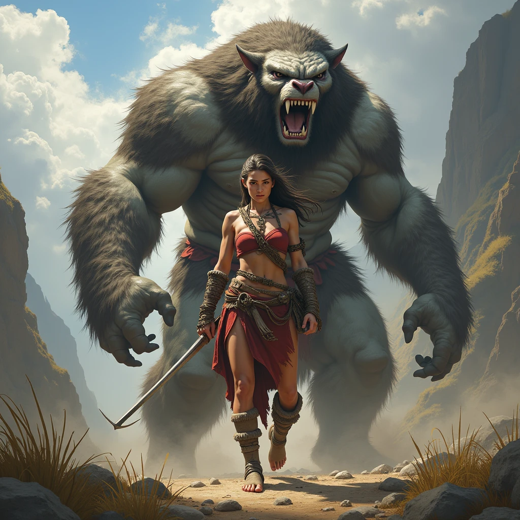 A busty sexy woman fighting a bear , hyperrealistic, masterpiece, best quality, masutaapiisu,