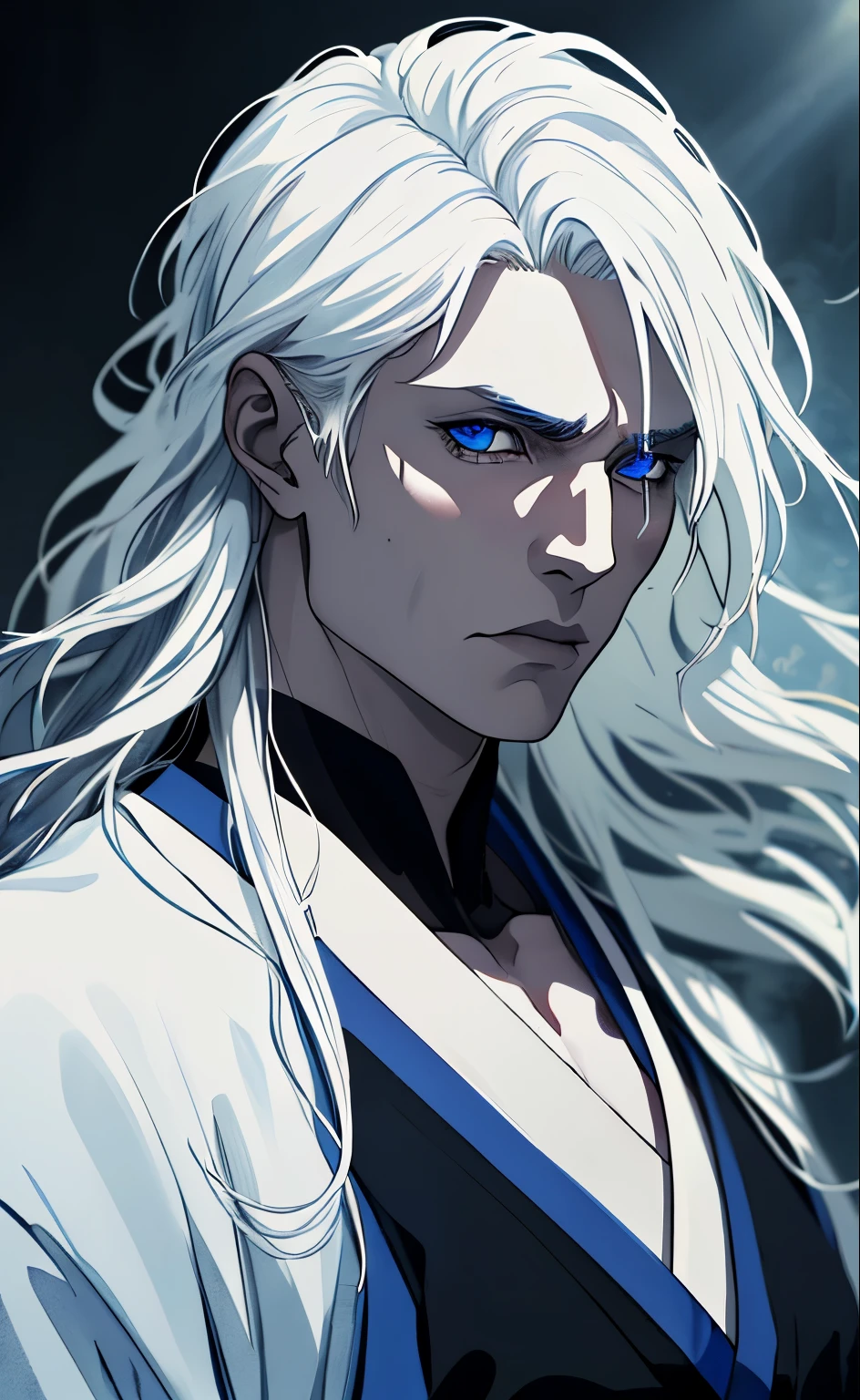 (man, long white hair, white kimono with lilies, white skin, blue eyes, death, battle fan, skinny, pronounced cheekbones, japanese mythology, surreal, dramatic lighting, moody atmosphere, intricate details, hyperrealistic, 8k, high quality, masterpiece, anime style, cinematic), Длинные волосы, Высокое разрешение, Голубые глаза, Простой фон, Очень длинные волосы, 