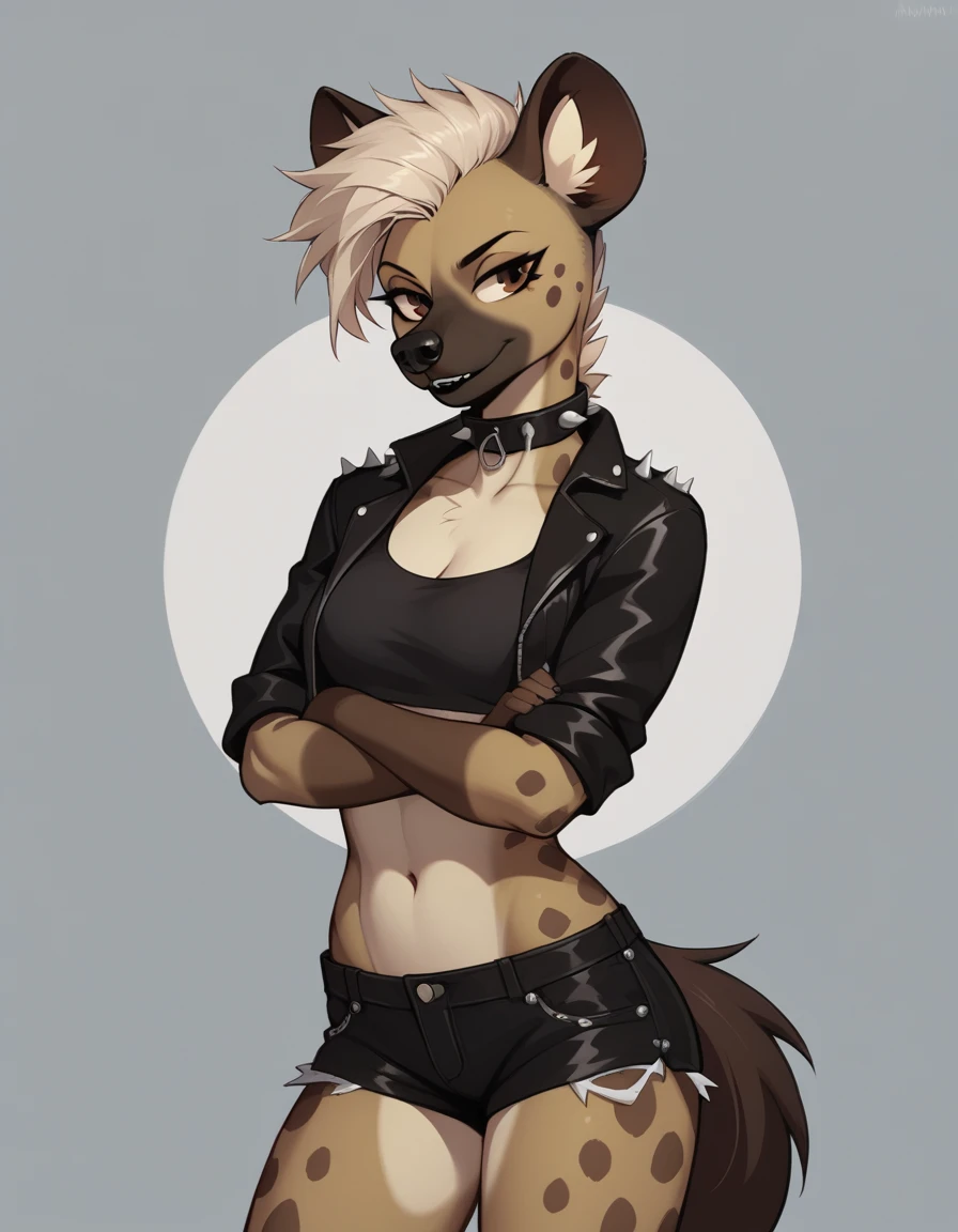 Solo, score_9,score_8_up,score_7_up, source_furry, Trisha, a tall female spotted hyena, brown snout, black nose, brown eyes, short spiked undercut platinum blonde hair, black lips, hyena tail, brown hyena ears, wearing black leather jacket, black crop top, black short shorts, arms crossed, spiked collar, soft smile, abstract grey background