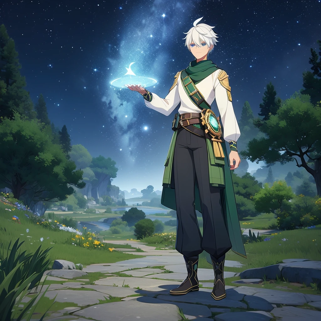 1 black man, short white hair, sky blue eyes. Gardener. Accessories. Leaves on the head, White sweater, sleeves at the elbows, cargo pants, belt with waist bag, putting on boots. Starry wings. Green branches with elongated leaves. Dark blue with green sparkles reminiscent of a starry night sky. detailed clothing. Starry forest. mystical atmosphere. peaceful and serene.