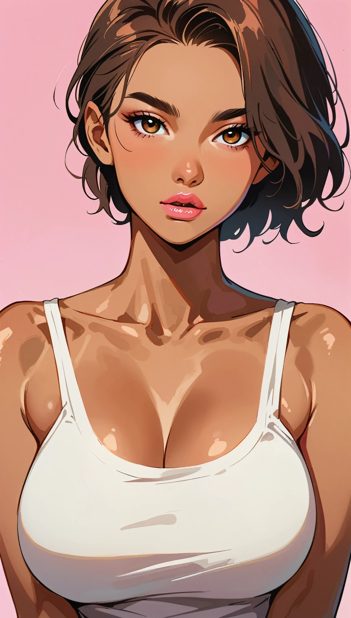 masterpiece、Highest quality：1.2）、1 girl、、Anime Style、dark brown hair、Pink Lips、Japanese、short hair、Shortcuts、very tanned brown skin、Skinny body、Big breasts first-rate portrait artist style、Pink Background。
