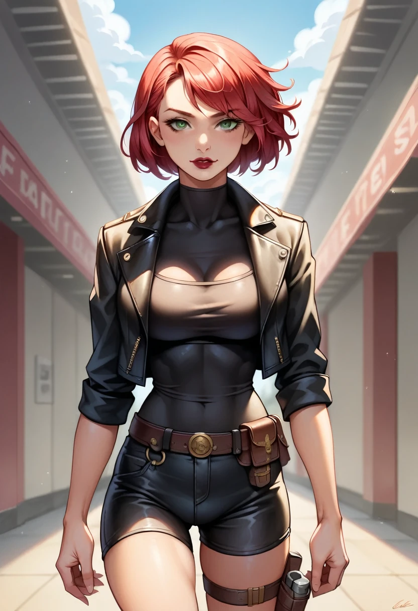 (high-level image quality), (high quality), (high resolution), (detailed), (masterpiece), beautiful woman, ((caucasian)), green eyes, red hair, short hair, dark red lipstick, black top, leather jacket, leather pants, portrait, down below, confident, arms crossed