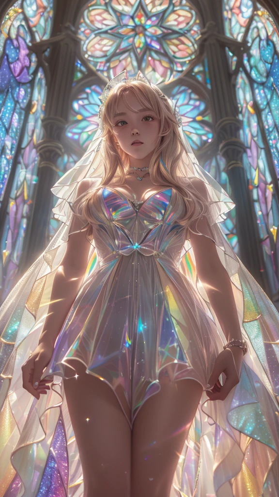  (Cathedral from below:1.28) (ZoomLayer) TopQuality 8K masterpiece of ((Professional photo)), (((Clarisse de Cagliostro))) (Detailed White WeddingDresses), Chain, (((Extremely detailed KAWAII face))) {((VeiledFace))|BlondeHair|(Elaborate BuleEyes)with(SparklingHighlights:1.28)}, The background is distant (((Elaborate stained glass))) Rainbow Glass, {(MysticSight)|EnchantingAtmosphere|Haze|(GodRays)|TyndallEffect}, Radiant PearlSkin with Transparency, (Exposed:0.39)