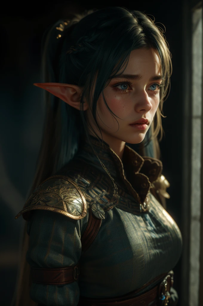 a highly detailed and anatomically correct portrait of a girl with long blue hair and twintails, crying and facing to the side, wearing damaged elven leaf armor and a leaf mini skirt, 8k, photorealistic, 3D render, best quality, accurate, high resolution, detailed facial features, beautiful detailed eyes, beautiful detailed lips, extremely detailed face and eyes, long eyelashes, intricate fabric textures, masterpiece, ultra-detailed, physically-based rendering, vivid colors, studio lighting, sharp focus