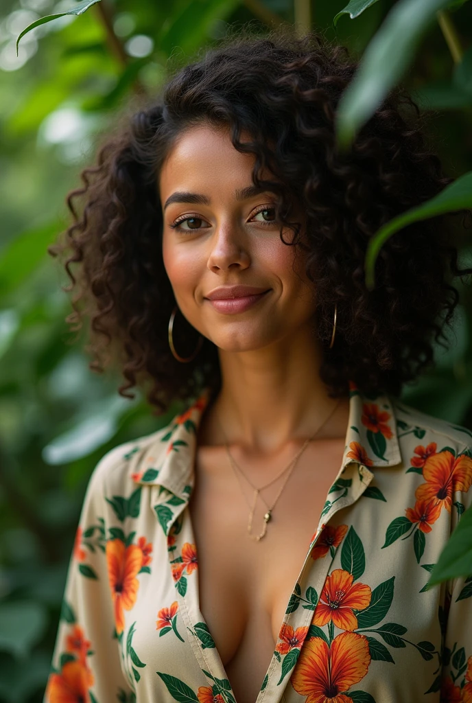 A Brazilian woman in a lush tropical garden, wearing an open shirt with a floral print, with a close-up capturing the harmonious beauty between her breasts and the natural flowers, showing off your natural charm and outgoing personality.