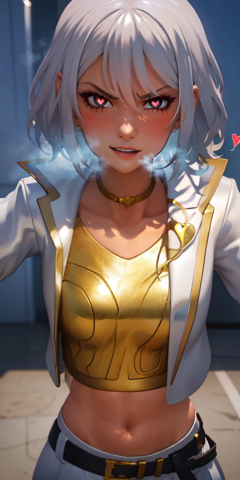 1girl, heart-shaped pupils, heart-shaped_pupils, white hair, short hair, brown eyes, eyeshadow, (blush:1.1),upper body,heart, (speed lines:1.1),medium breasts, love, heart, white jacket, jacket crop top, navel, gold crop top, ((heavy breathing:1.2)), smile, angry, 1girl, solo, kabedon pov, looking at viewer