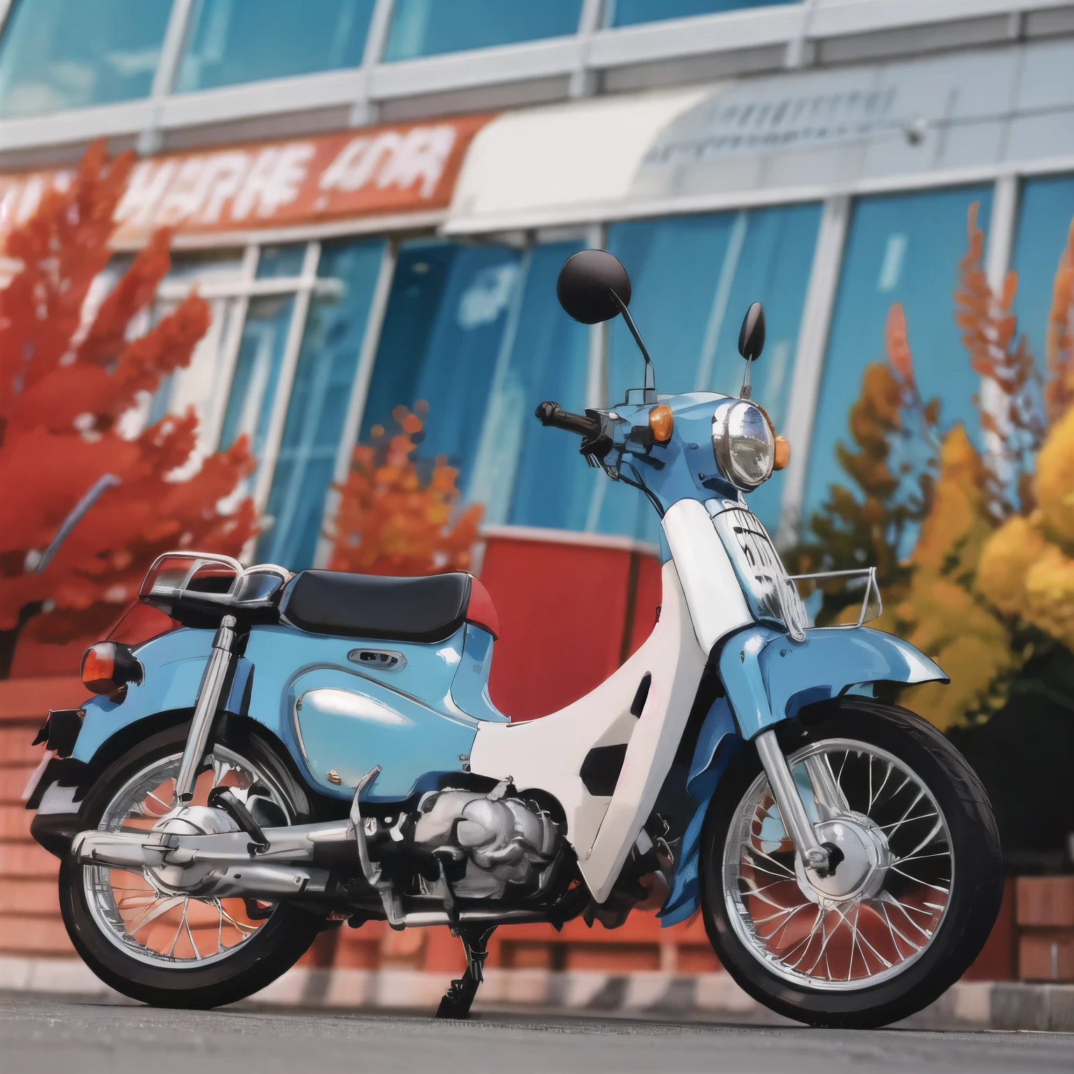 (masterpiece, high quality, 最high quality:1.2)，16K、reality，alone，Cute young girl，彼は緑色の椅子にfeetを広げて座っている, A modified old Honda Super Cub.，Down Straight Muffler，Junior high school girl，uniform，feet，ステップにfeet，sneakers:1.3，Fluttering skirt，Riverside at dusk，whirlwind，Panchi et al.....，Watercolor style，Removing the Stand:1.3，From the back，