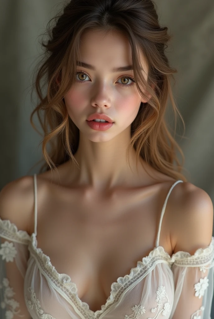 teen girl, green eyes, Long wavy brown hair, pale skin, Freckles on the cheeks, elegant dress