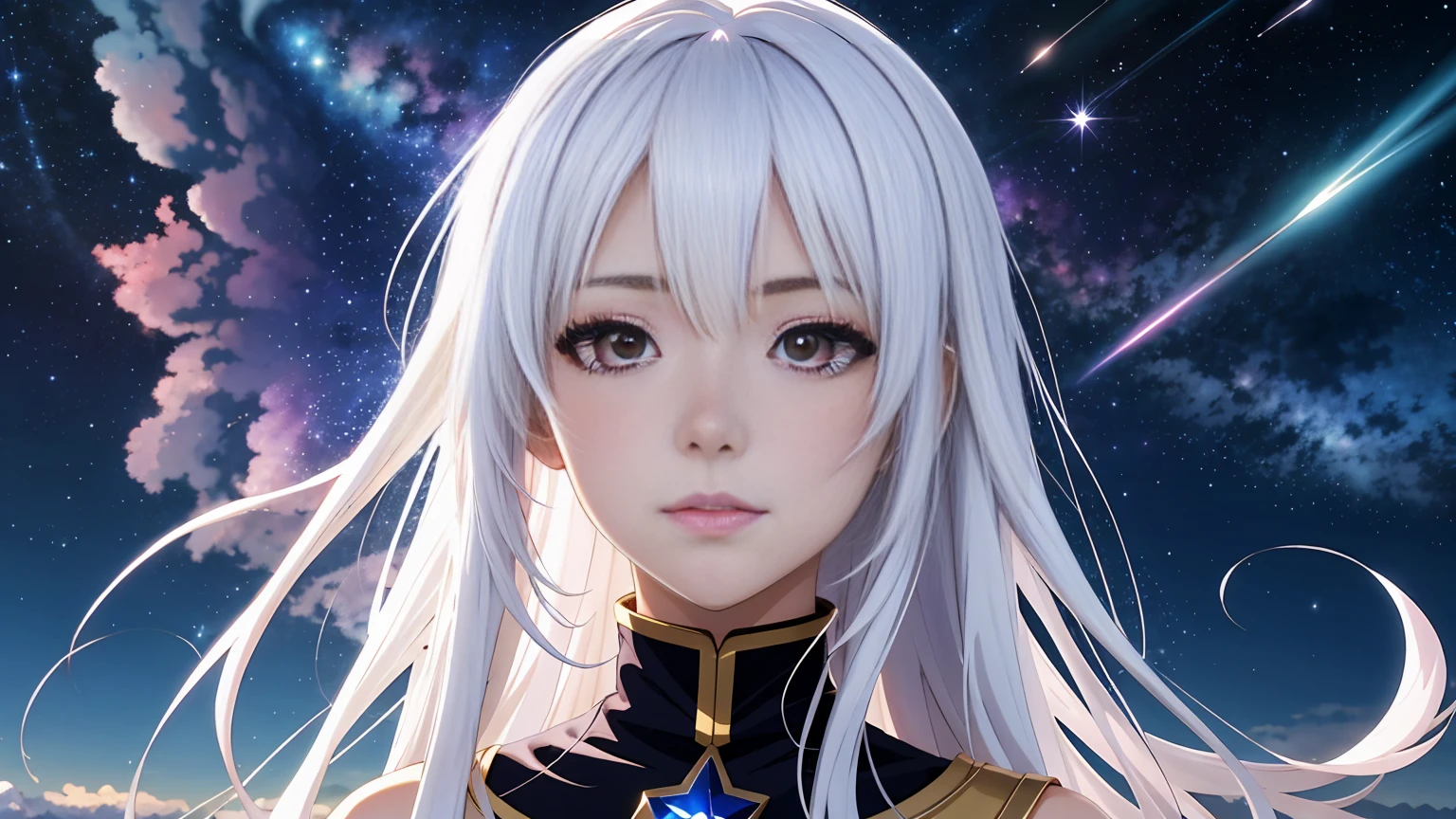 masterpiece,Highest quality,Very detailed,16 talented beautiful girls,Small breasts,White straight hair,Perfect Blue Eyes,very cute,Red military uniform,Sci-fi giant space city