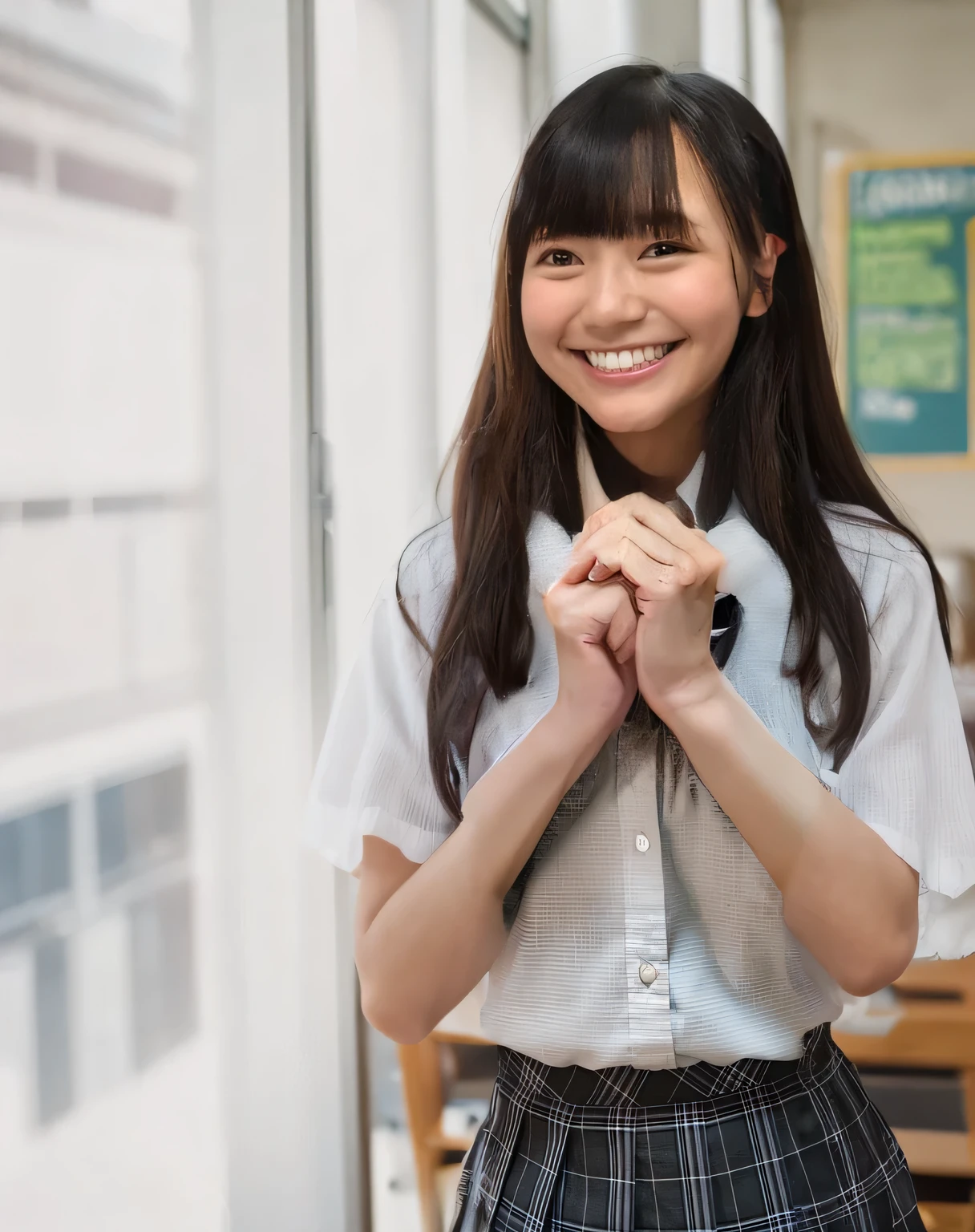 Super tall young student,((3 meters tall)) big chested, thich thighs, head touching The ceiling, ((worlds tallest woman)), full body picture, 13 years old teen. Black hair, red cheeks, smiling, cute, long hair, bangs, big eyes, in school. Fully clothed, reaching down to Pick you up.