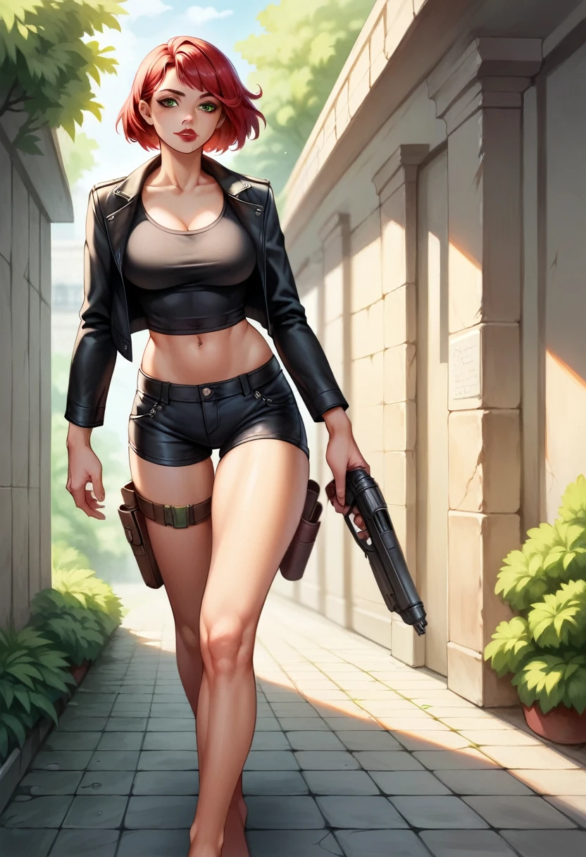 Combat Actions, Holding Weapons, Full Body,RED SHORT HAIR, Super Sexy ,ultra-detailed, ((High resolution)),((high detailed))