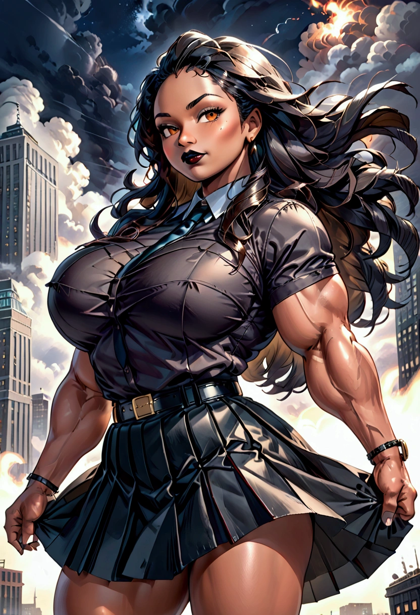 (((Massive tall, beautiful, buff, light brown skinned muscular woman with black hair, black lipstick, ginormous bulky muscles, winds blowing and wearing a black pleated shirt with beautiful long pleated skirt))), ((close view)), massive muscles, long straight hair, orange eyes, choker, ((black pleated shirt and tie)), neck tie, ((beautiful long pleated skirt)), belt, thigh high socks, black boots, (Dark and moody universe:1.3), (in front of a disaster), closed smile, night, massive arms