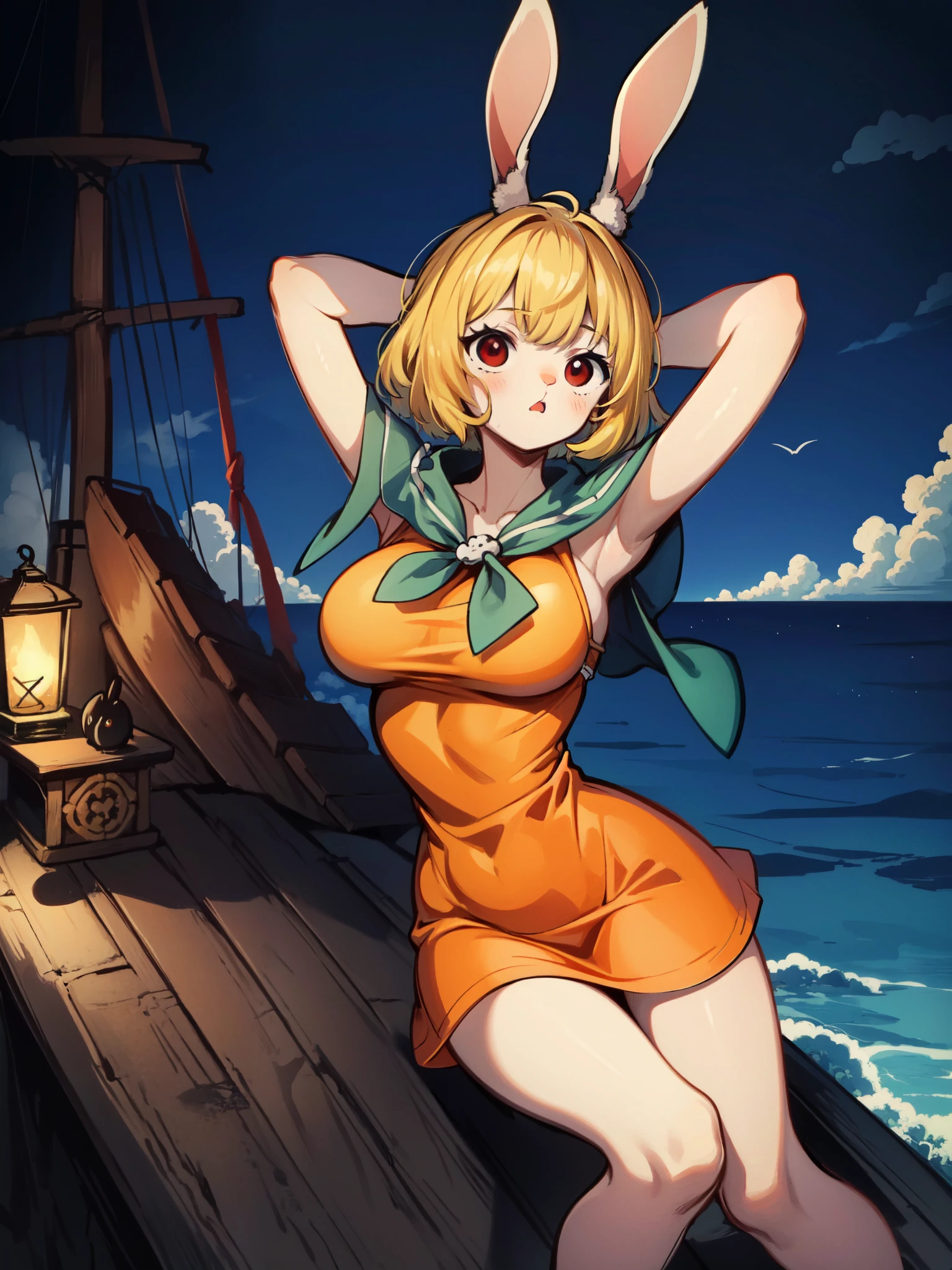 score_9, score_8_up, score_7_up masterpiece, best quality, vibrant colours, highres, absurdres, detailed, CarrotOP_NDV, 1girl, solo, blonde hair, large breasts, (rabbit face), short hair, red eyes, orange dress, green capelete, rabbit ears, rabbit girl, arms spread, hug, night, pirate ship, ocean,