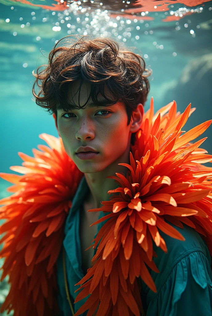 A young man with long red hair and an Asian face. His skin is pale, and his pupils are black. He looks very similar to Taehyung from BTS. He is lying down seductively and alluringly by a river in a forest, shirtless