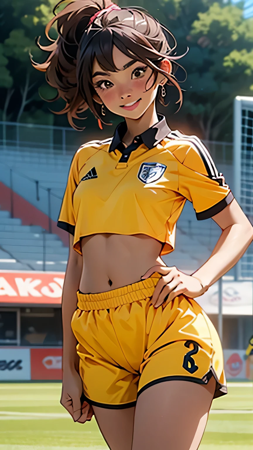 (masterpiece,highest quality,超A high resolution),japanese woman, (((very beautiful 12 year old girl))), pretty girl、look at the photographer、Front view, ((short hair)), super cute face, glossy lips, double eyelids in both eyes,natural smile、 natural makeup, long eyelashes, Shiny and smooth hair、center image, perfect limbs, perfect ???????,(((soccer uniform)))、((())),(((wet with sweat))),You can see the bra from the side of the uniform,