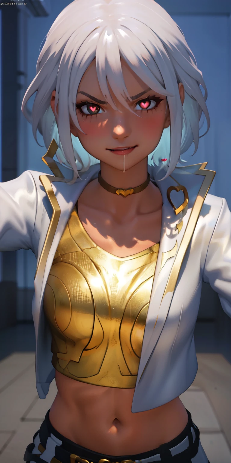 1girl, heart-shaped pupils, heart-shaped_pupils, white hair, short hair, brown eyes, eyeshadow, (blush:1.1),upper body,heart, (speed lines:1.1),medium breasts, love, heart, white jacket, jacket crop top, navel, gold crop top, Drooling, smile, angry, 1girl, solo, kabedon pov, looking at viewer