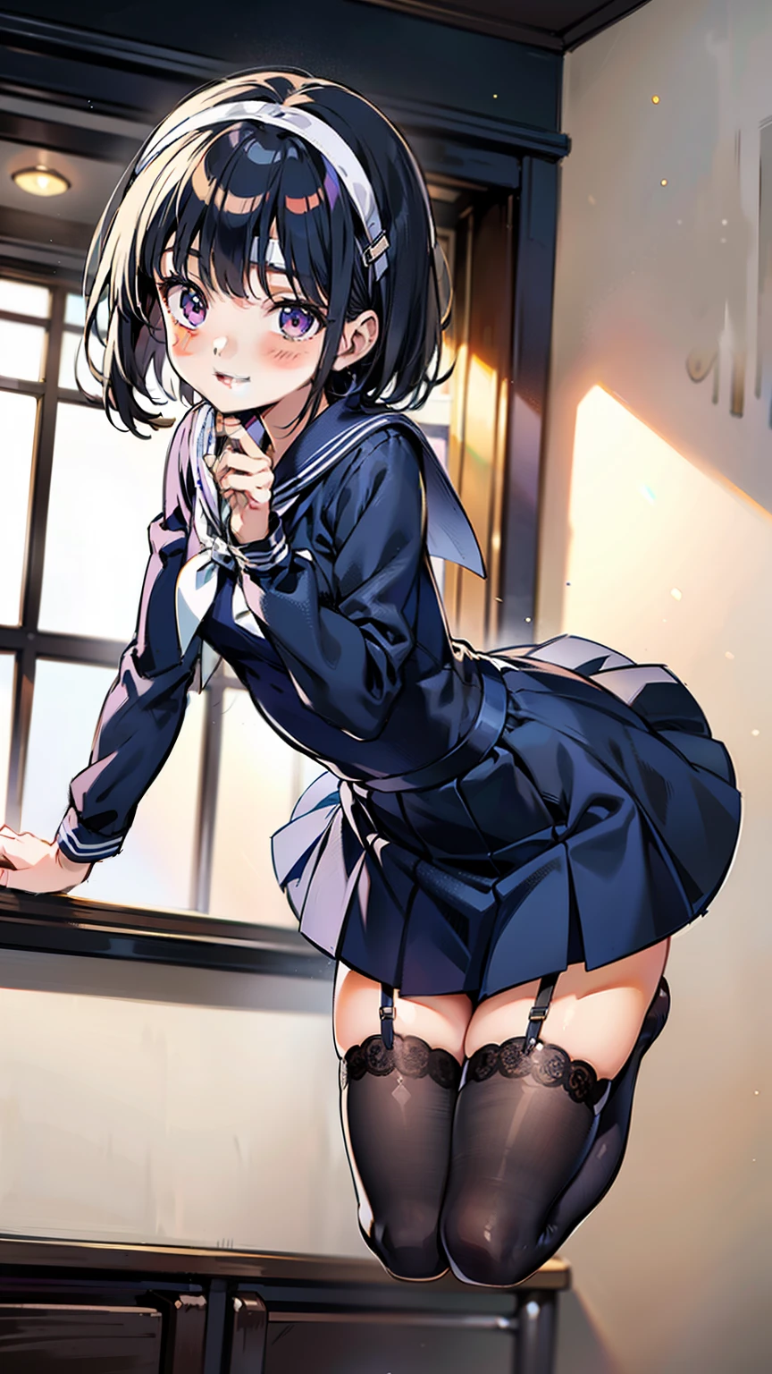 sailor uniform, sailor suit, one woman, (A beauty woman, Delicate high school girl:1.3), 8k, highest quality, masterpiece, Very detailed, Ultra-high resolution, Realistic, RAW Photos, Absolute Resolution, Black Hair, Bobcut, Small face compared to body, Very small face, Black Hair, ((Navy blue sailor suit)), Navy Blue Skirt, High school girl in sailor suit, 2D Rendering of Anime, realistic young anime school girl, , (White headband:1.4), Small breasts, tall, Slanted Eyes, Purple Eyes, (Black Stockings:1.4), (black garter belts:1.4), toothless smile, Private room, (Jump lightly and spin around:1.4), ((Top-down position)), blurry background,