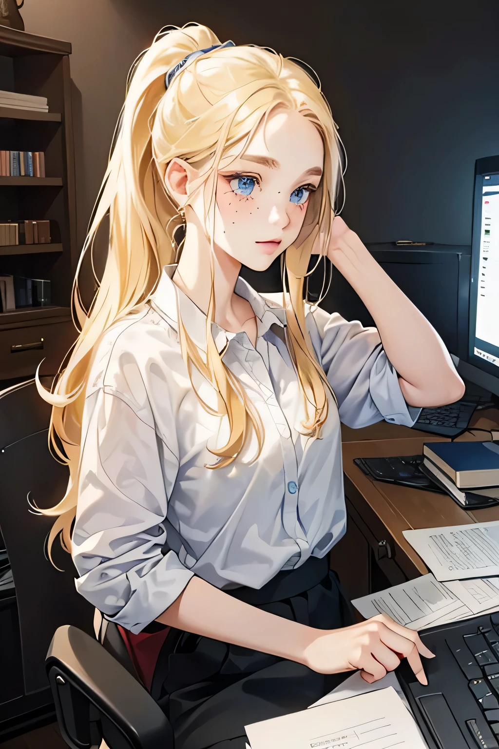 a 1 girl, blonde with freckles blue eyes, American, Computer engineer at the University of Cambridge. She is pretty and wears her hair in a ponytail.. white, with comfortable clothes.