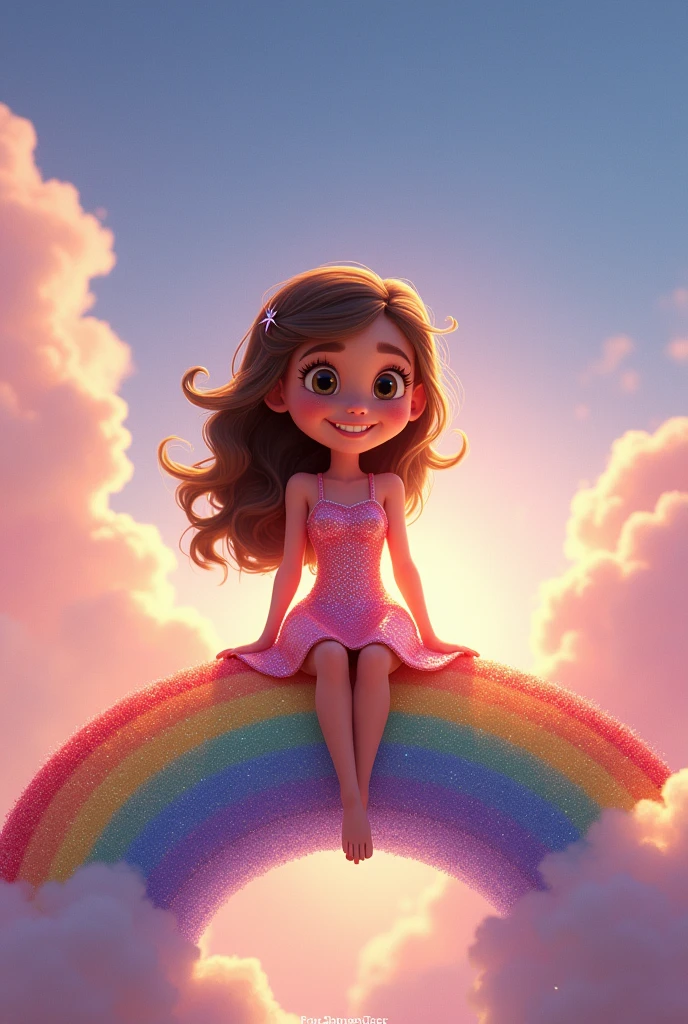 A Goddess of rainbow , she look like a child laughing with a pigtails rainbow , and a beautiful dress inspired in rainbow , she's also sitting in a rainbow