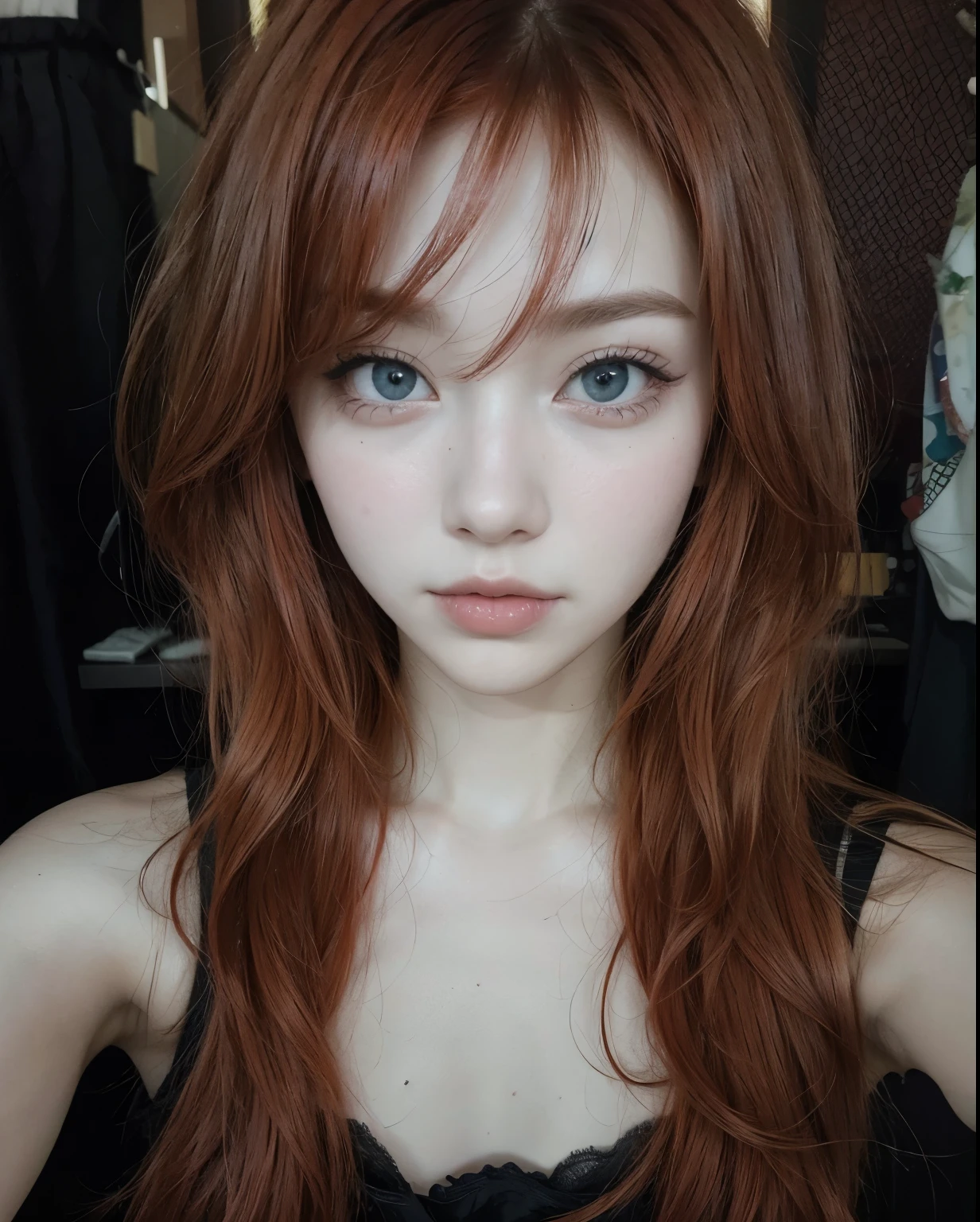 hay una mujer pelirroja posando para una foto, pale skin persian girl, ella tiene el pelo largo color naranja, She has long orange-brown hair., 18 years, pale and light skin!!, ella tiene el cabello rojo, 19 year old girl, pale red, con pelo rojo y ojos verdes, chica pelirroja, mejillas rojas, imagen filtrada