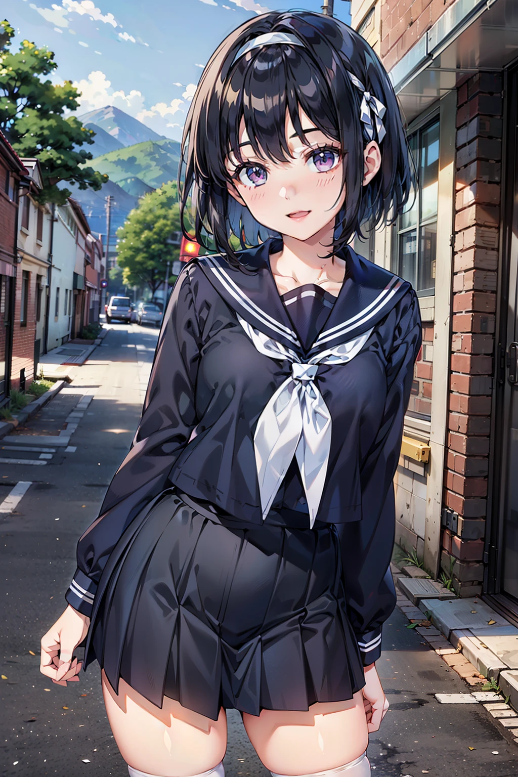 body 8 times longer than head, (Highly detailed CG unity 8k), (highest quality)，(very detailed)，(ultra high resolution), black hair, High school girl wearing a navy sailor suit, Anime 2D rendering, realistic young anime high school girl, ((White headband)), smile, purple eyes, small breasts, tall, slanted eyes, (school scenery), black stockings, bright color, open your mouth a little, Dark blue skirt, bob cut, 