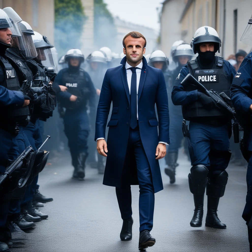 Macron1024, homme, tout le corps,  émeutes de rue, les feux,  police anti-émeutes, la photographie, tendance sur artstation, netteté, photographie en studio, détails complexes, très détaillé, par Greg Rutkowski   