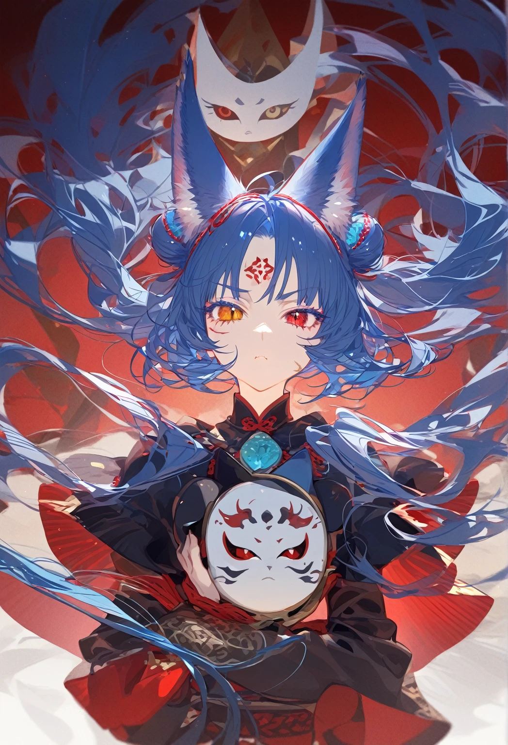 1 guy, solo, Fox ears, Wolf ears, contemptuous look, X-shaped pupils, long eyelashes, Colored eyelashes, amber eyes, bloodshot eyes, Heterochromia of the sclera, shiny hair, Two half-tails, Bangs with parting, double bun, floating hair, Low double tails, Light blue hair, dark blue hair, Lots of curls, blue hair, Pull the mask, gem on forehead, scar on cheek, character design, 