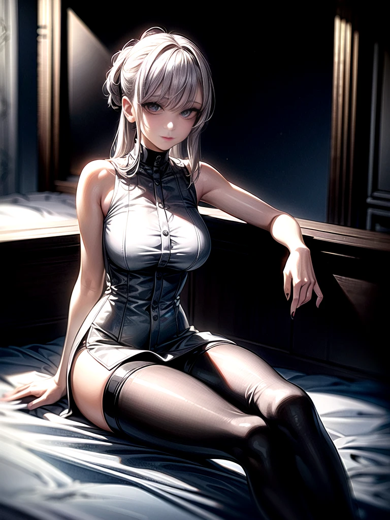 best quality, ultra high res, Sensual woman, sleeveless white button shirt, black skirt, black choker, Beautiful Gothic, (platinum blonde hair:1), smokey makeup, dramatic eyeliner, looking at viewer, full body, facing front sitting gracefully, Sensual pose, beautiful features, exquisite composition, masterpiece, ultra-detailed gothic woman, sitting on bed, 