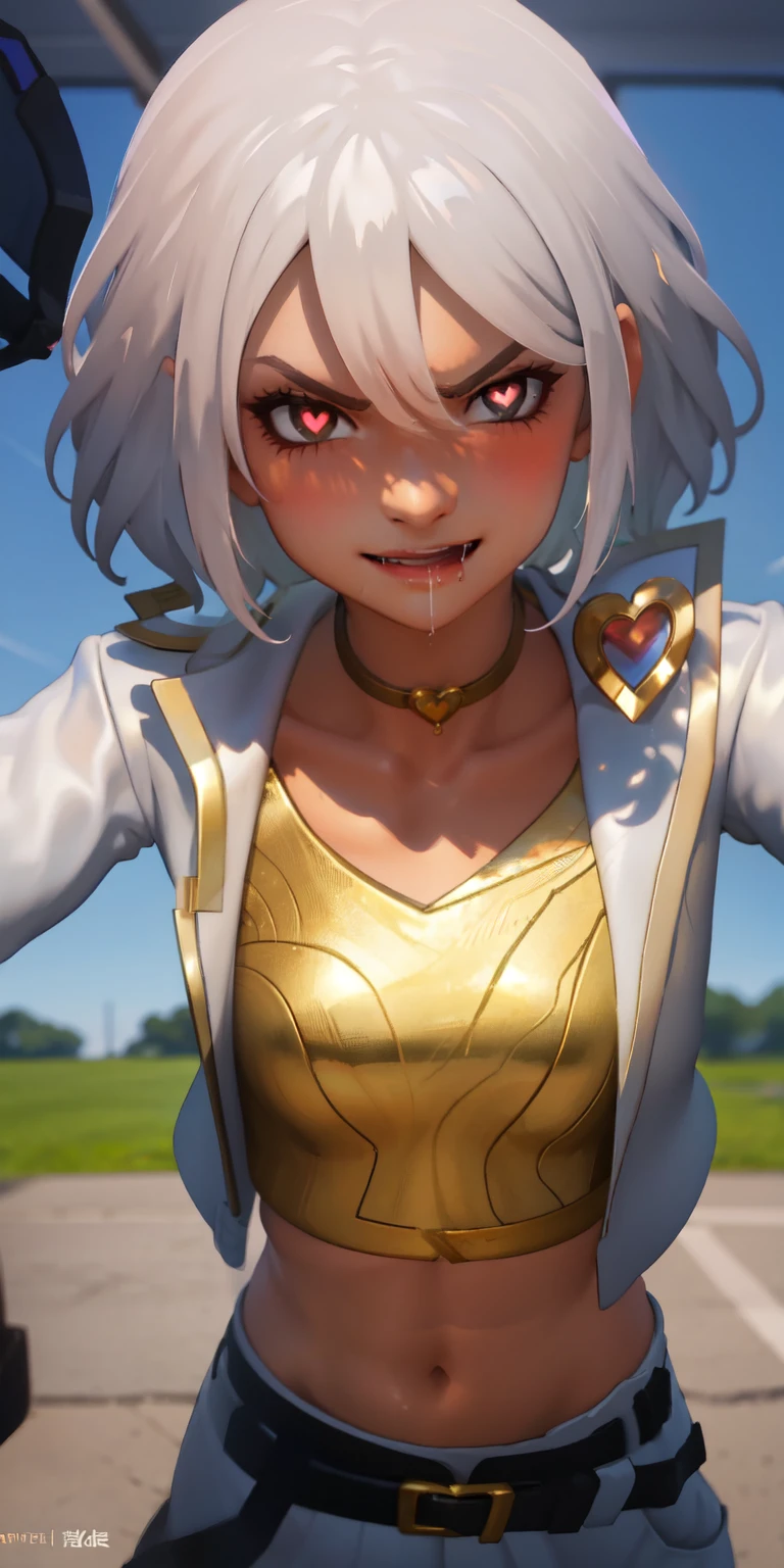 1girl, heart-shaped pupils, heart-shaped_pupils, white hair, short hair, brown eyes, eyeshadow, (blush:1.1),upper body,heart, (speed lines:1.1),medium breasts, love, heart, white jacket, jacket crop top, navel, gold crop top, Drooling, smile, angry, 1girl, solo, kabedon pov, looking at viewer