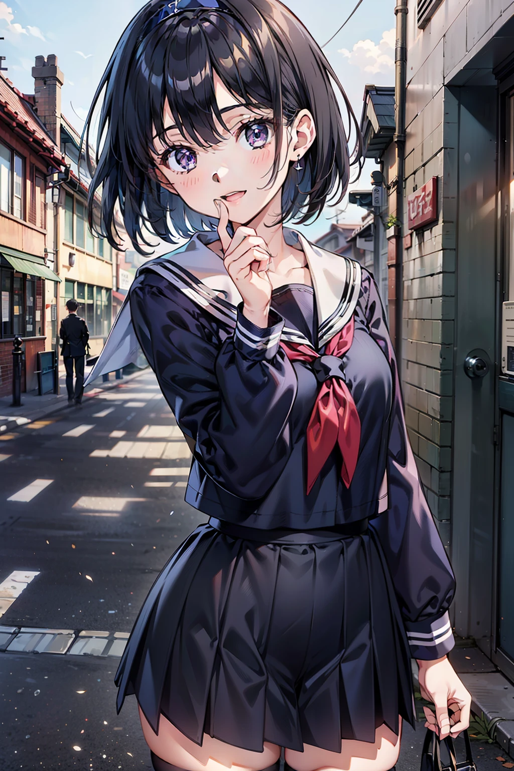 body 8 times longer than head, (Highly detailed CG unity 8k), (highest quality)，(very detailed)，(ultra high resolution), black hair, High school girl wearing a navy sailor suit, Anime 2D rendering, realistic young anime high school girl, ((White headband)), smile, purple eyes, small breasts, tall, slanted eyes, (school scenery), black stockings, bright color, open your mouth a little, Dark blue skirt, bob cut, 