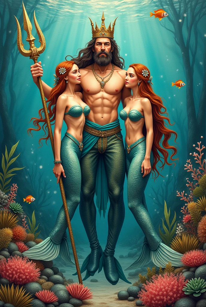 Male mermaid,underage,Wear a crown on your head,Long gray hair,quadratic element,deep sea mermaid elements,Hayes,fish flocks,The corals,slight light