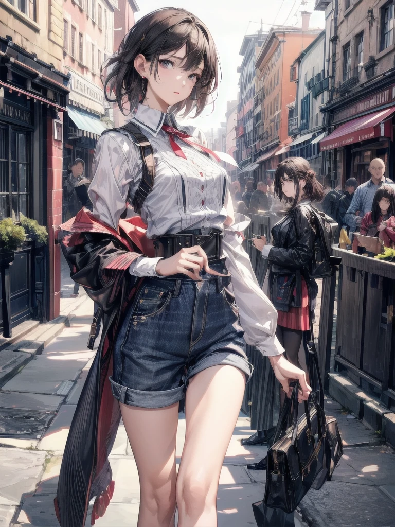 absurdres, RAW photo, extremely delicate and beautiful, masterpiece, Best Quality, ultra high resolution, 32k, hyperrealistic, ultra-detailed, detailed description, perfect anatomy, pale skin, 20 years old, detailed beautiful face and eyes, tearful mole, earring, short medium hair, wavy hair, whole body shot, colossal tits, ((yuri)), (((3 girls))), Practical pirate clothing, Long-sleeved pirate top, Skirt,
