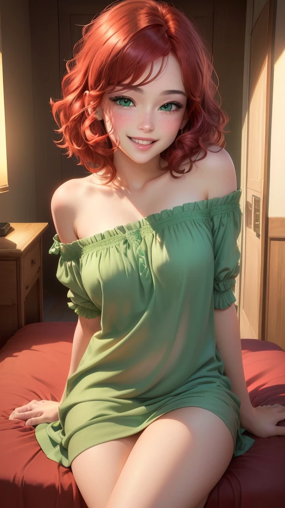 ((((masterpiece, best quality, high resolution)))), Extremely detailed 8K, Beautiful girl with voluptuous body, (Ultra HD, Ultra-detailed, Highly detailed, Highly realistic, Ultra-realistic, photograph realistic), (1girl:1.5), (orange hair), (short hair, shoulder length cut, earrings), (dynamic poses), facing at camera, looking at viewer, (blushing red, embarrassed, smile), (grey eyes, sharp eyes), (small breasts:1.2), (beautiful detailed face, beautiful detailed eyes), ((silk dress)), (sitting on couch), sweat, glow, (sunbeam, sunlight), ((cowboy shot)), bedroom, seductive