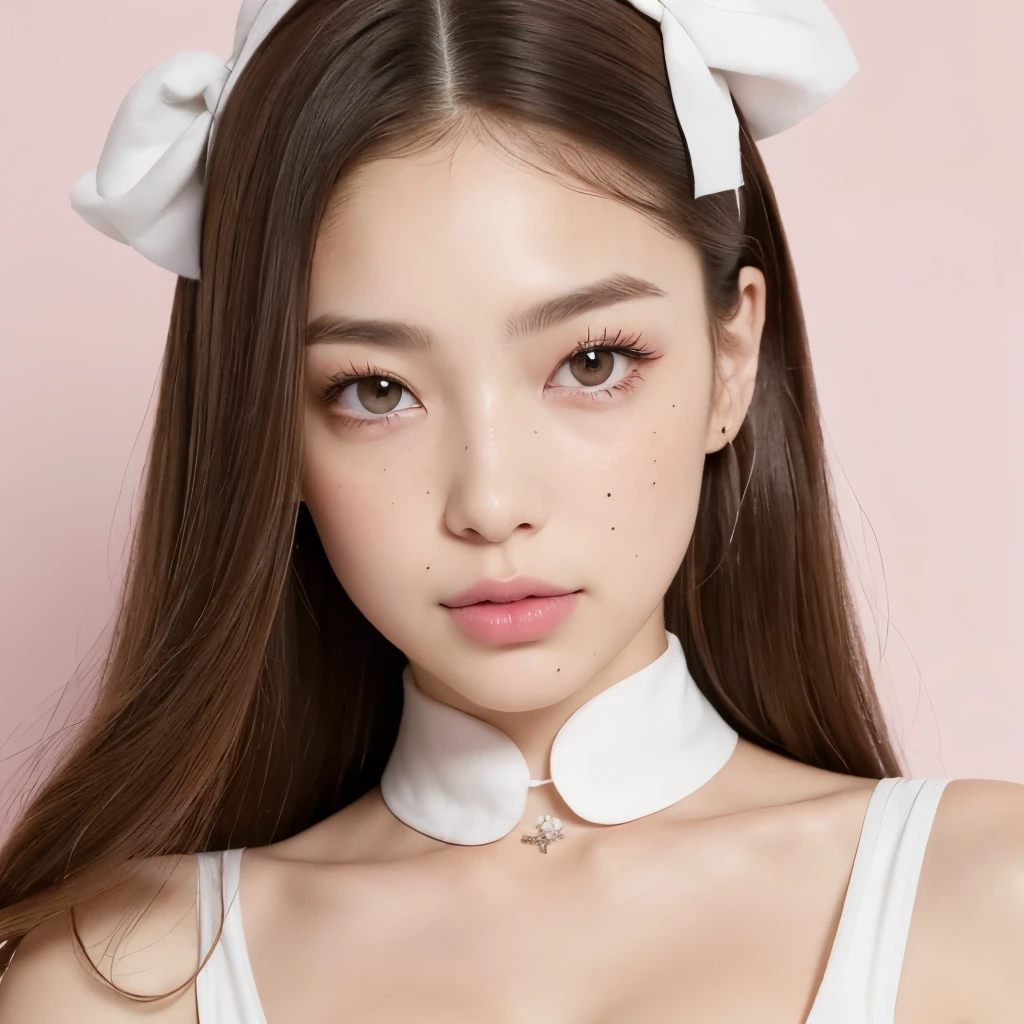 Kim Jennie with white brown hair, with curlers at the ends, with two bows on each side of the hair, all her white hair brown, with a star clip in her white brown hair, light colored eyes, beautiful eyes, crying eyes, beautiful, splash your nose, watery nose, beautifuls labios, pink lips, heart and cupid shaped lip, beautiful skin, pale, White skin, with moles and freckles all over his face, soft pink blush on cheeks, natural pink blush, soft pink makeup, Jennie, Nice neck, marked collar, frown, tender look, while having a bare abdomen, showing her navel and her slender waist, Delgado, marked and beautiful, (big breasts, soft breasts, beautifuls pechos), sentada, con ropa interior de corazónes, con con un top marrón de tirantes, sentada mostrando su abdomen, looking to the camera