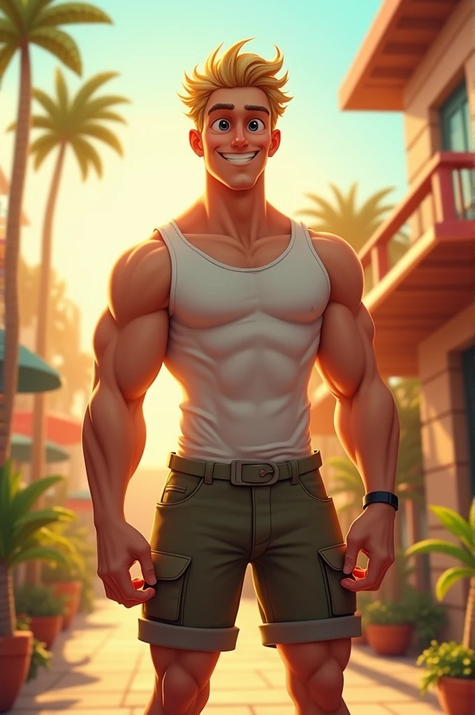 Finn, solo, smile, open mouth, 1boy, male, focus, sky, day, cloud, hood, bag, blue sky, hoodie, backpack, muscular, shirtless, panttless, small erected penis, medium body, cowboy_position,