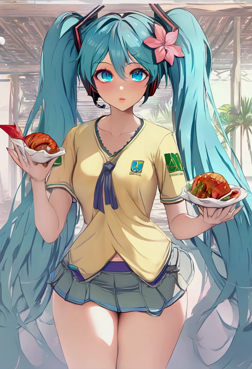 Hatsune Miku, blue hair, beautiful detailed eyes, beautiful detailed lips, extremely detailed face, long eyelashes, wearing Brazil flag shirt, short skirt, dynamic pose, vibrant colors, 1girl, (best quality, 4k, 8k, highres, masterpiece:1.2), ultra-detailed, vivid colors, studio lighting, sharp focus, physically-based rendering, concept art