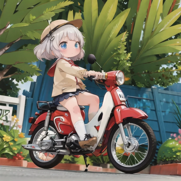 (masterpiece, high quality, 最high quality:1.2)，16K、reality，alone，cute young girl，少女は緑色の椅子にfeetを広げて跨る, A modified old Honda Super Cub.，Down Straight Muffler，middle School girls，uniform，feet，ステップにfeet:1.3，sneakers:1.3，Fluttering skirt，Riverside at dusk，whirlwind，Panchi et al.....，Watercolor style，Removing the Stand:1.3，From the back，