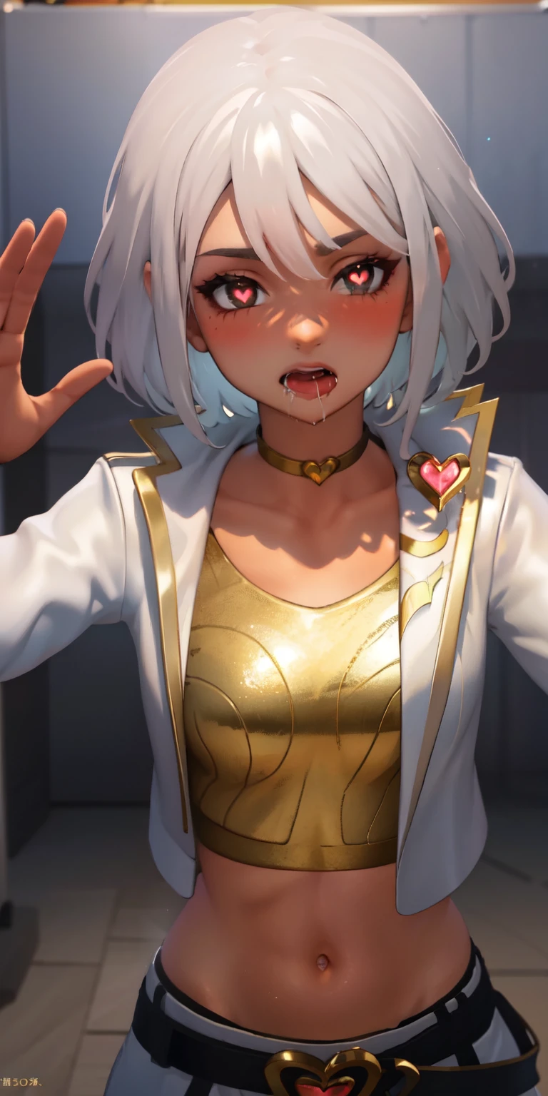 1girl, heart-shaped pupils, heart-shaped_pupils, white hair, short hair, brown eyes, eyeshadow, (blush:1.1),upper body,heart, (speed lines:1.1),medium breasts, love, heart, white jacket, jacket crop top, navel, gold crop top, Drooling, 1girl, solo, kabedon pov, looking at viewer