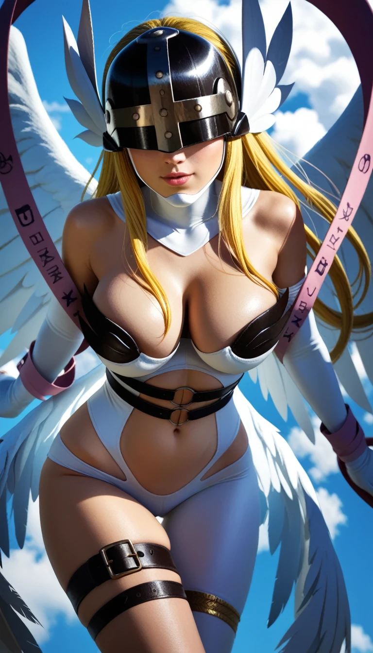 score_9, score_8_up, score_7_up, score_6_up, uncensored, digimon_\(creature\), angewomon, blonde hair, angel_wings, feathered_wings, winged_helmet, helmet, BREAK (masterpiece:1.2), best quality, high resolution,(detailed eyes:1.3), perfect lighting,(perfect hands, perfect anatomy), large breasts, asymmetrical_clothes, navel, multiple_wings, belt, cleavage, thigh_strap, bare_shoulders, flying, clouds, birds
