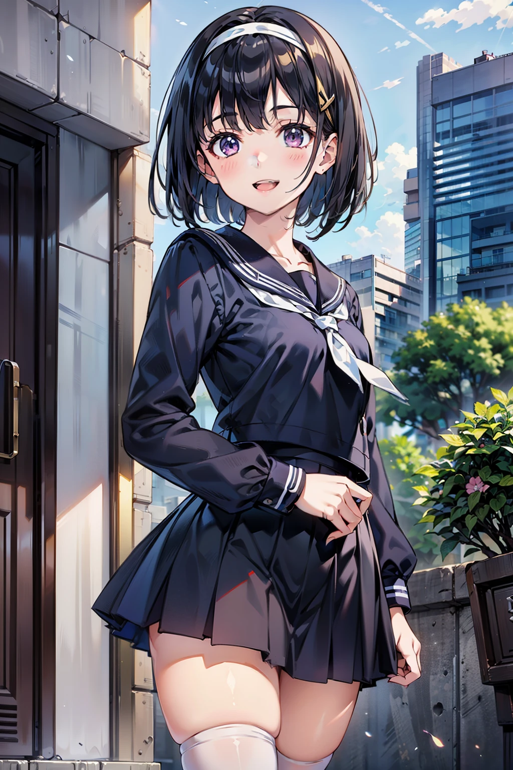 body 8 times longer than head, (Highly detailed CG unity 8k), (highest quality)，(very detailed)，(ultra high resolution), black hair, High school girl wearing a navy sailor suit, Anime 2D rendering, realistic young anime high school girl, ((White headband)), smile, purple eyes, small breasts, tall, slanted eyes, (school scenery), black stockings, bright color, open your mouth a little, Dark blue skirt, bob cut, 