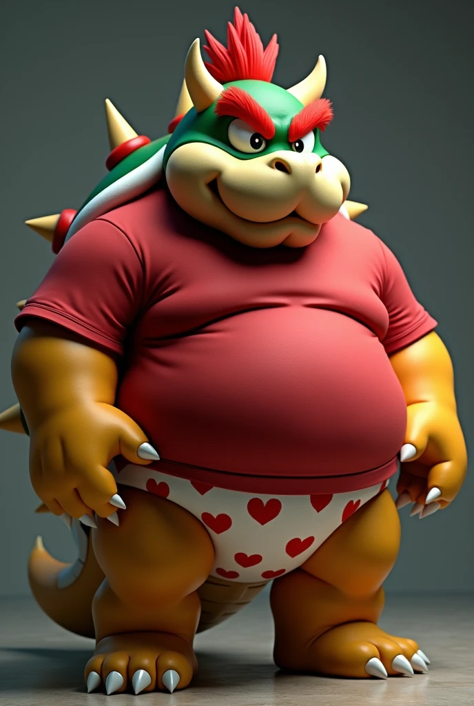 Bowser from Super Mario, morbidly obese, huge round belly, huge moobs, cute, heart underpants, tight short sleeves t-shirt