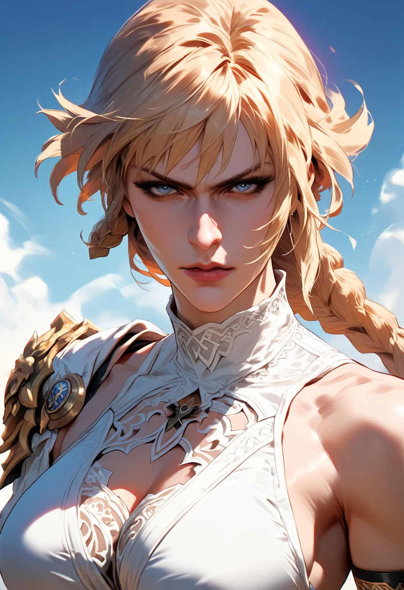 (masterpiece, Highest quality:1.3), Sophitia Alexandra, Soul Calibur, (Upper Body:1.5), 24-years-old, View your viewers, Golden Hair, Braid, (Evil look:1.5),