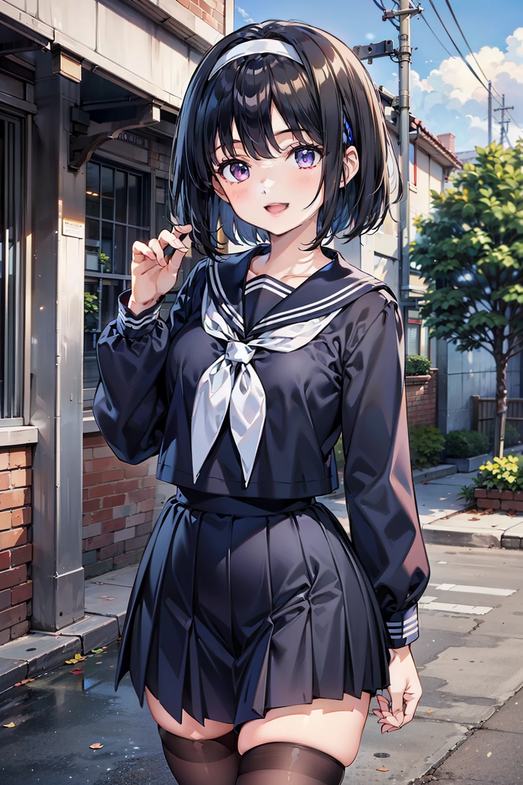 body 8 times longer than head, (Highly detailed CG unity 8k), (highest quality)，(very detailed)，(ultra high resolution), black hair, High school girl wearing a navy sailor suit, Anime 2D rendering, realistic young anime high school girl, ((White headband)), smile, purple eyes, small breasts, tall, slanted eyes, (school scenery), black stockings, bright color, open your mouth a little, Dark blue skirt, bob cut, 