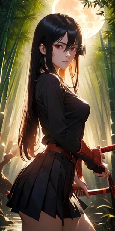 (masterpiece, Best Quality:1.3), (Upper part of the body:1.3), Akame, long hair, black skirt, black clothes, pleated skirt, belt, red eyes sword, katana, sheath, perfect face, expressive eyes, 1 woman, looking at the viewer, beautiful body, big chest, beautiful, cheered up, lora,1 woman, Long straight shiny black hair,  (cinematic lighting, realist, dreamlike, charming atmosphere:1.5), (in the bamboo forest, Midnight, big full moon:1.3) red moon, holding a katana sword, sword dripping blood.