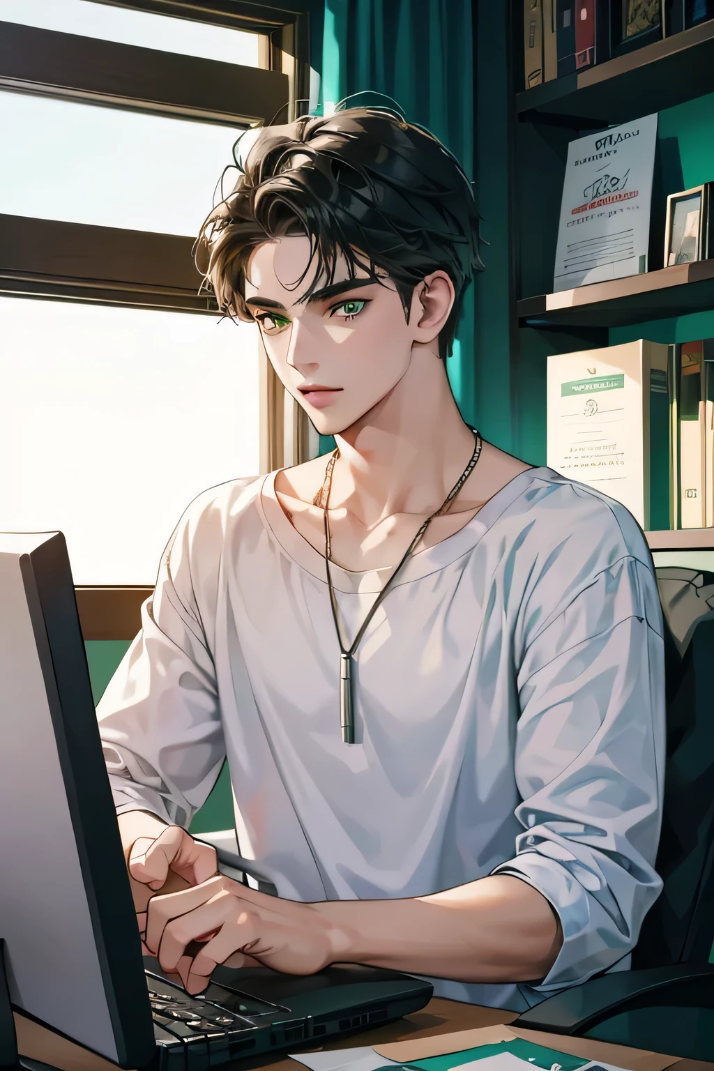 An 1 boy, moreno, with green eyes, Brazilian, Computer engineer at the University of Cambridge. He is handsome and wears a necklace with the letter A, wears comfortable clothes.