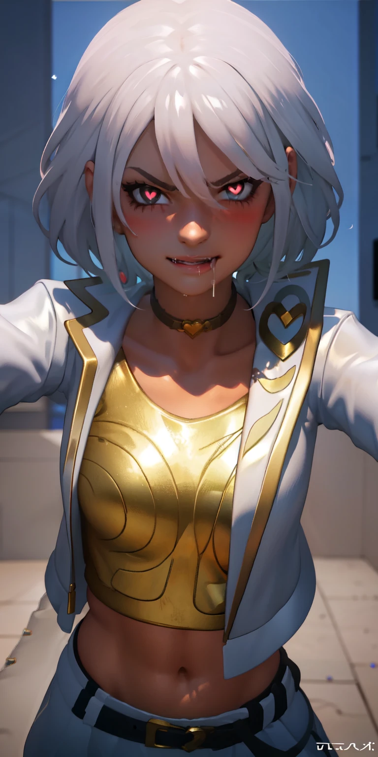 1girl, heart-shaped pupils, heart-shaped_pupils, white hair, short hair, brown eyes, eyeshadow, (blush:1.1),upper body,heart, (speed lines:1.1),medium breasts, love, heart, white jacket, jacket crop top, navel, gold crop top, Drooling, smile, angry, 1girl, solo, kabedon pov, looking at viewer